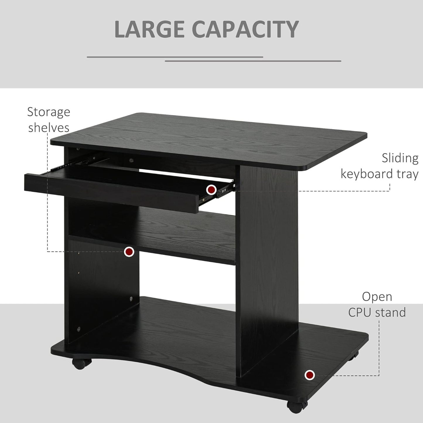 Mobile Small Office Workstation with Slide-Out Keyboard Tray, Adjustable Shelf, & CPU Stand