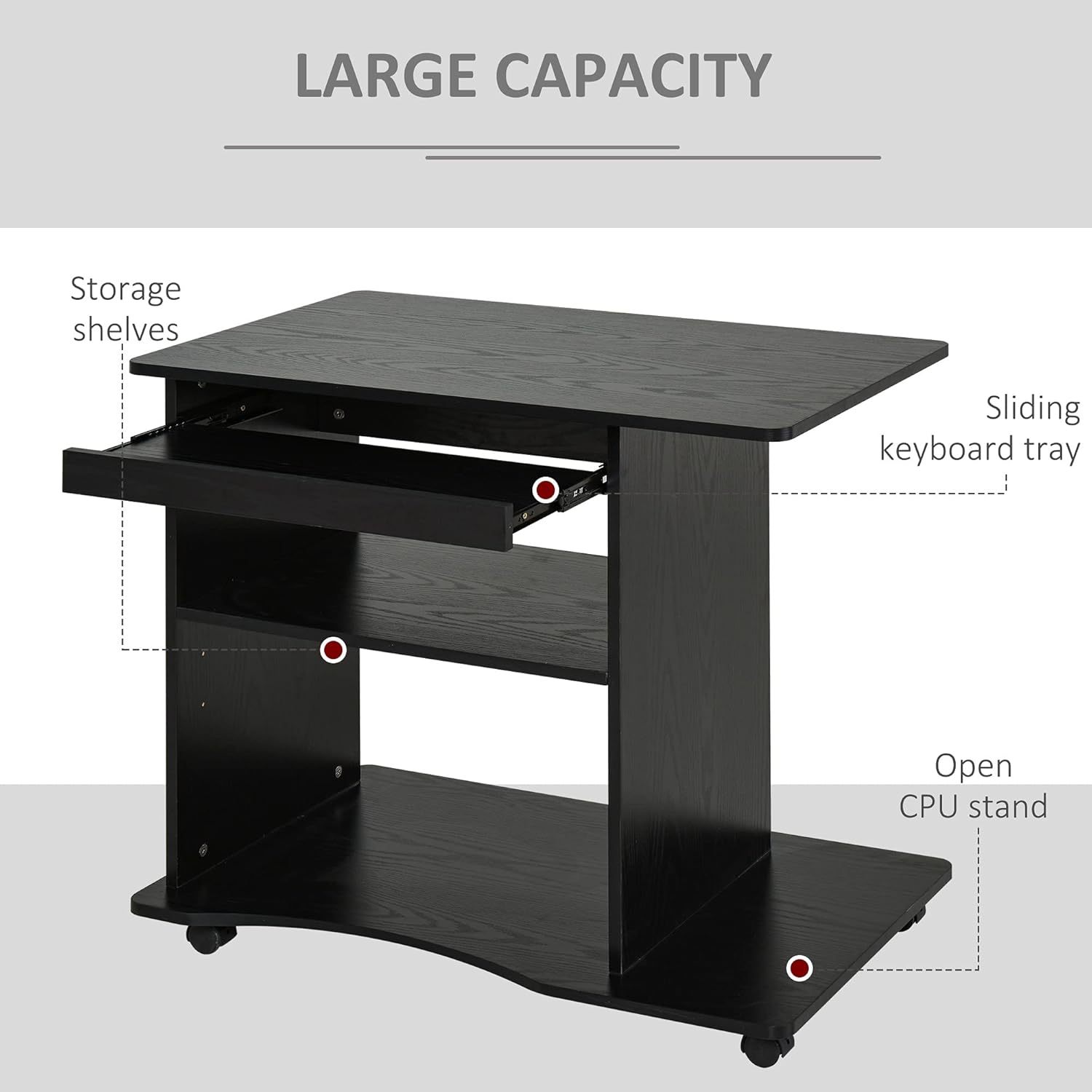 Mobile Small Office Workstation with Slide-Out Keyboard Tray, Adjustable Shelf, & CPU Stand