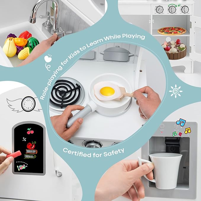 Kids Kitchen Playset, Wooden Pretend Play Kitchen for Toddlers