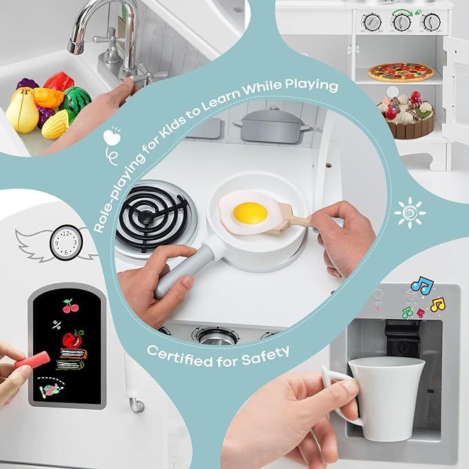 Kids Kitchen Playset, Wooden Pretend Play Kitchen for Toddlers