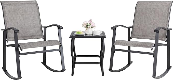 3 Piece Rocking Bistro Set, Outdoor Furniture with Rocker Chairs and Glass Coffee Table Set of 3