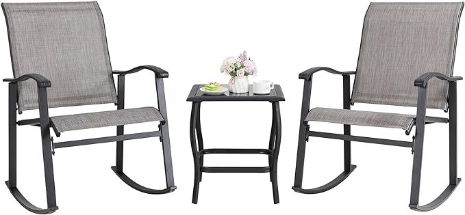3 Piece Rocking Bistro Set, Outdoor Furniture with Rocker Chairs and Glass Coffee Table Set of 3