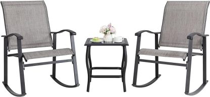 3 Piece Rocking Bistro Set, Outdoor Furniture with Rocker Chairs and Glass Coffee Table Set of 3