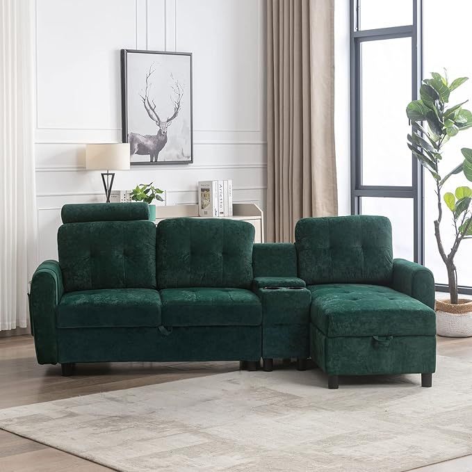 Sectional Sofa Couch with Storage, Small L-Shaped Couches with Chaise & 2 Cup Holders