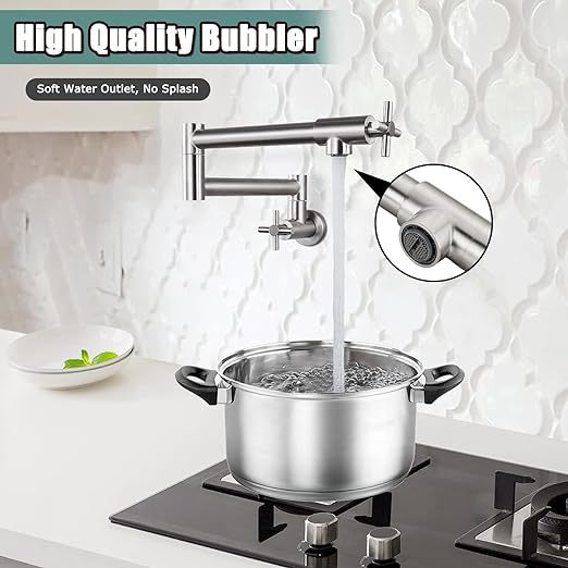 Pot Filler Kitchen Faucet Stainless Steel SUS304 Two Cross Handle Single Hole 19" Spout Wall Mounted Stretchable Swing Arm Brushed Nickel Commercial Kitchen Faucet Control Water