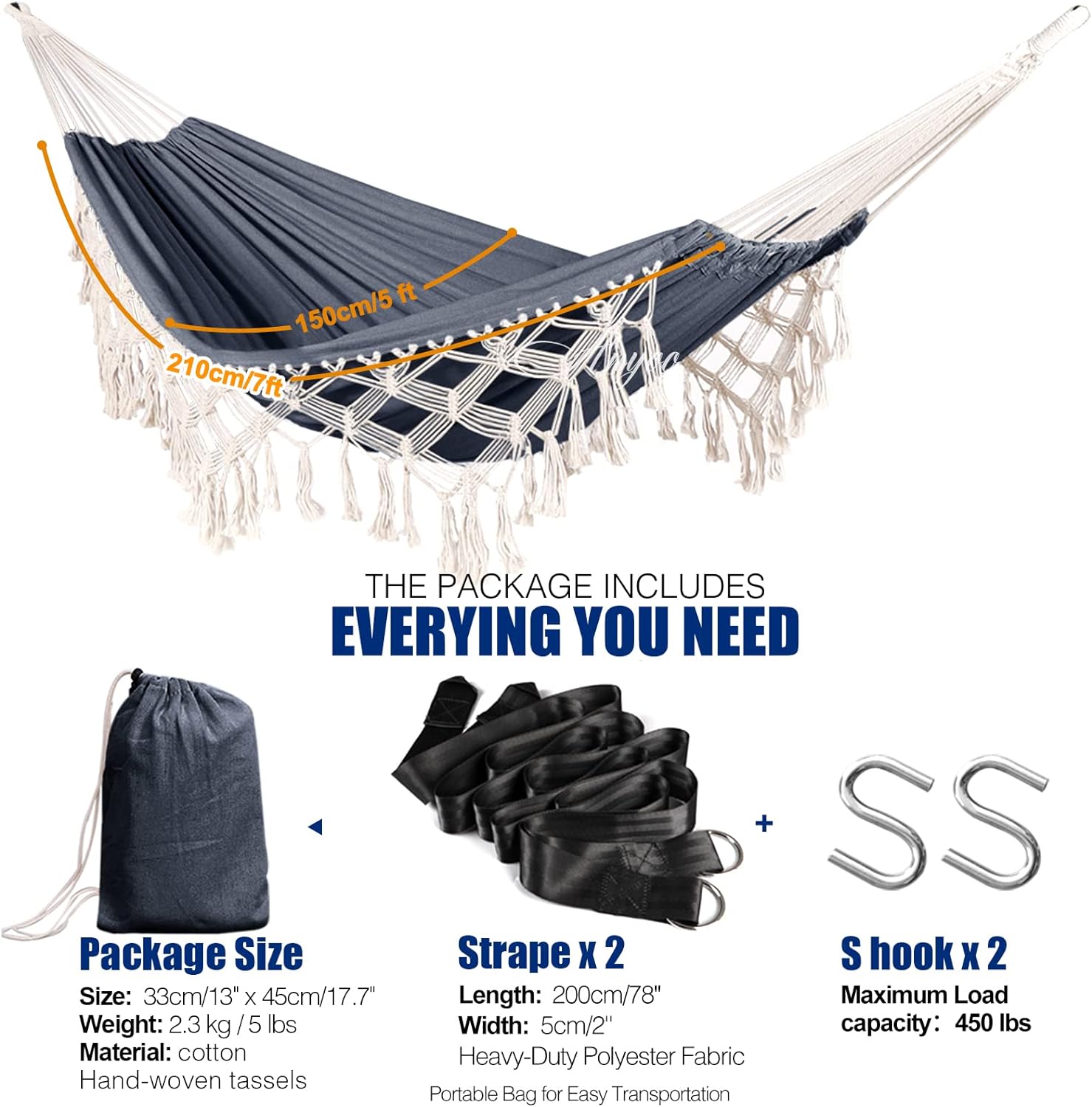 Garden Cotton Hammock Comfortable Fabric Elegant Deluxe Tassels Durable Swing Hammock Up to 450lbs Portable Hammock with Travel Bag,Perfect for Porch Patio Yard Bedroom Outdoor/Indoor