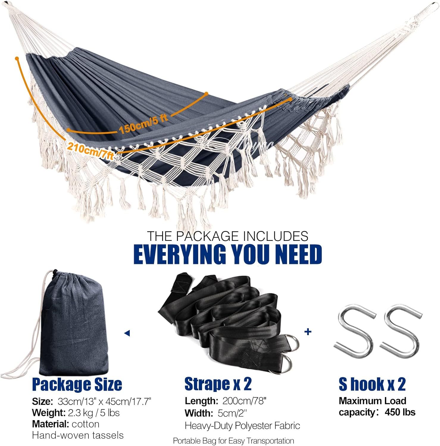 Garden Cotton Hammock Comfortable Fabric Elegant Deluxe Tassels Durable Swing Hammock Up to 450lbs Portable Hammock with Travel Bag,Perfect for Porch Patio Yard Bedroom Outdoor/Indoor