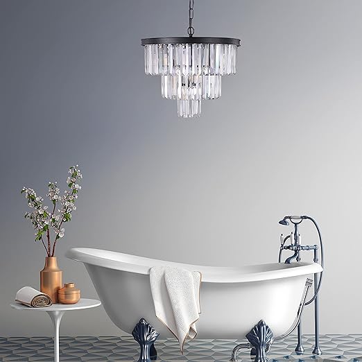 20 inch Black Crystal Chandelier, 3-Tier Contemporary Modern Bathroom Chandeliers, 7-Light Adjustable Hanging Round Ceiling Light for Bedroom, Entryway, Dining Room, Girls Room, Foyer