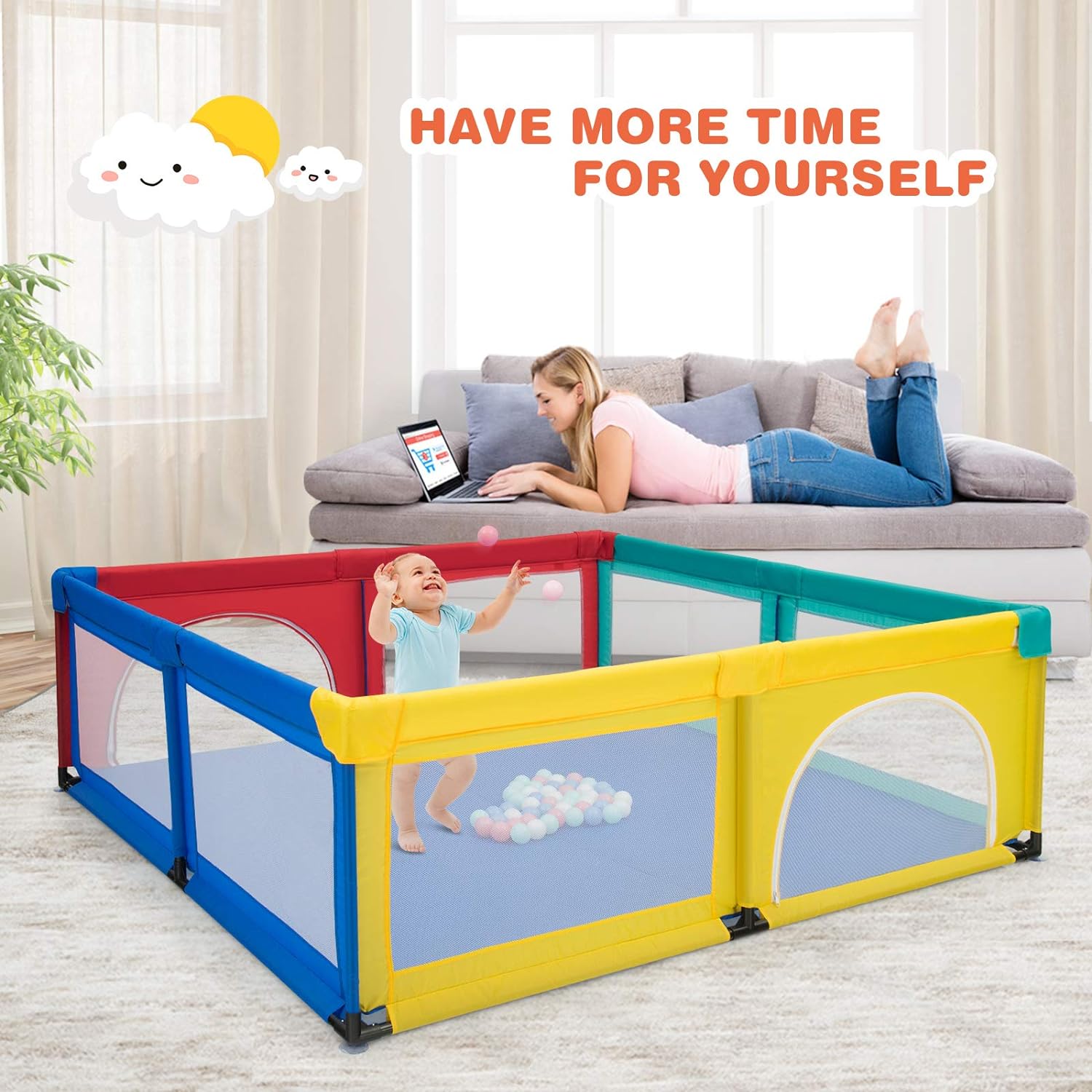 Extra Large Baby Gate Playpen w/ 50 Ocean Balls, No Gaps Infant Safety Gates