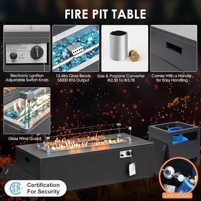 Thick Aluminum Patio Furniture with Thick Cushion Conversation Set with 53" Propane Fire Pit Table