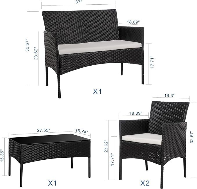 4 Piece Outdoor Patio Furniture Sets, Small Wicker Patio Conversation Furniture Rattan Chair Set