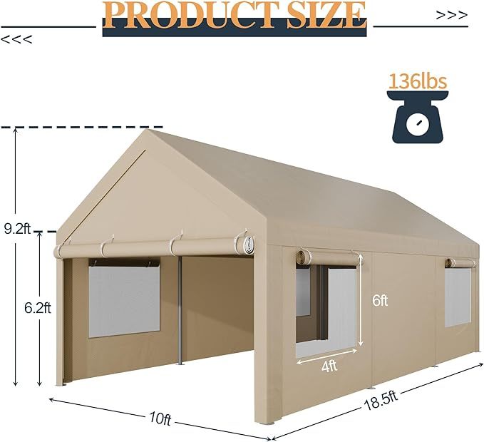 10x18.5ft Heavy Duty Carport, Portable Garage with Removable Sidewalls
