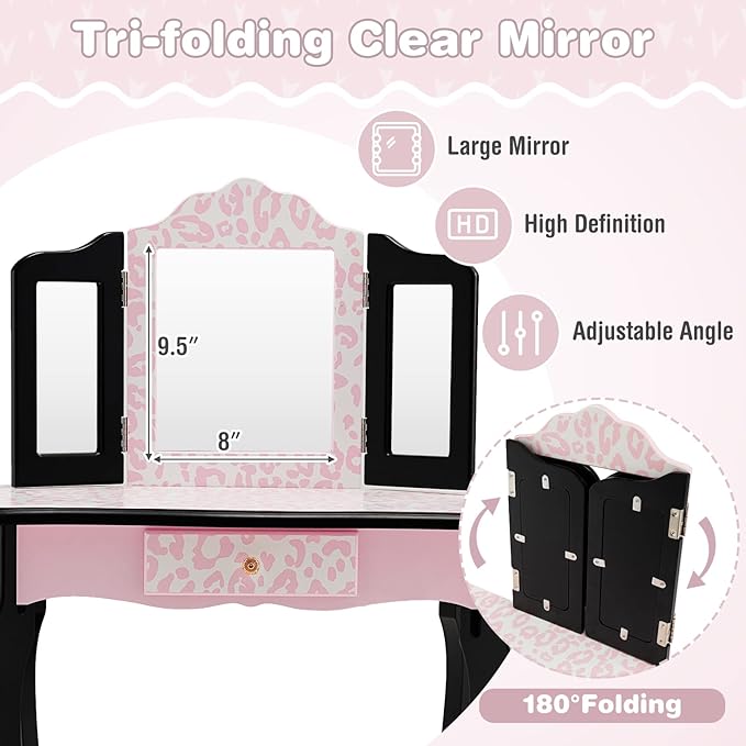 Kids Vanity, Princess Makeup Vanity Set for Little Girls, Real Glass Tri-Folding Mirror