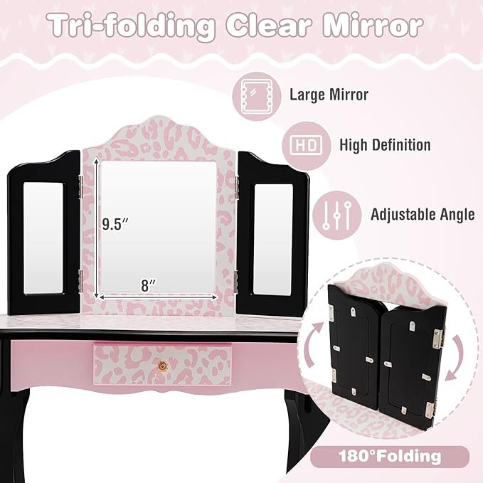 Kids Vanity, Princess Makeup Vanity Set for Little Girls, Real Glass Tri-Folding Mirror