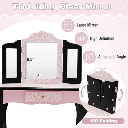 Kids Vanity, Princess Makeup Vanity Set for Little Girls, Real Glass Tri-Folding Mirror