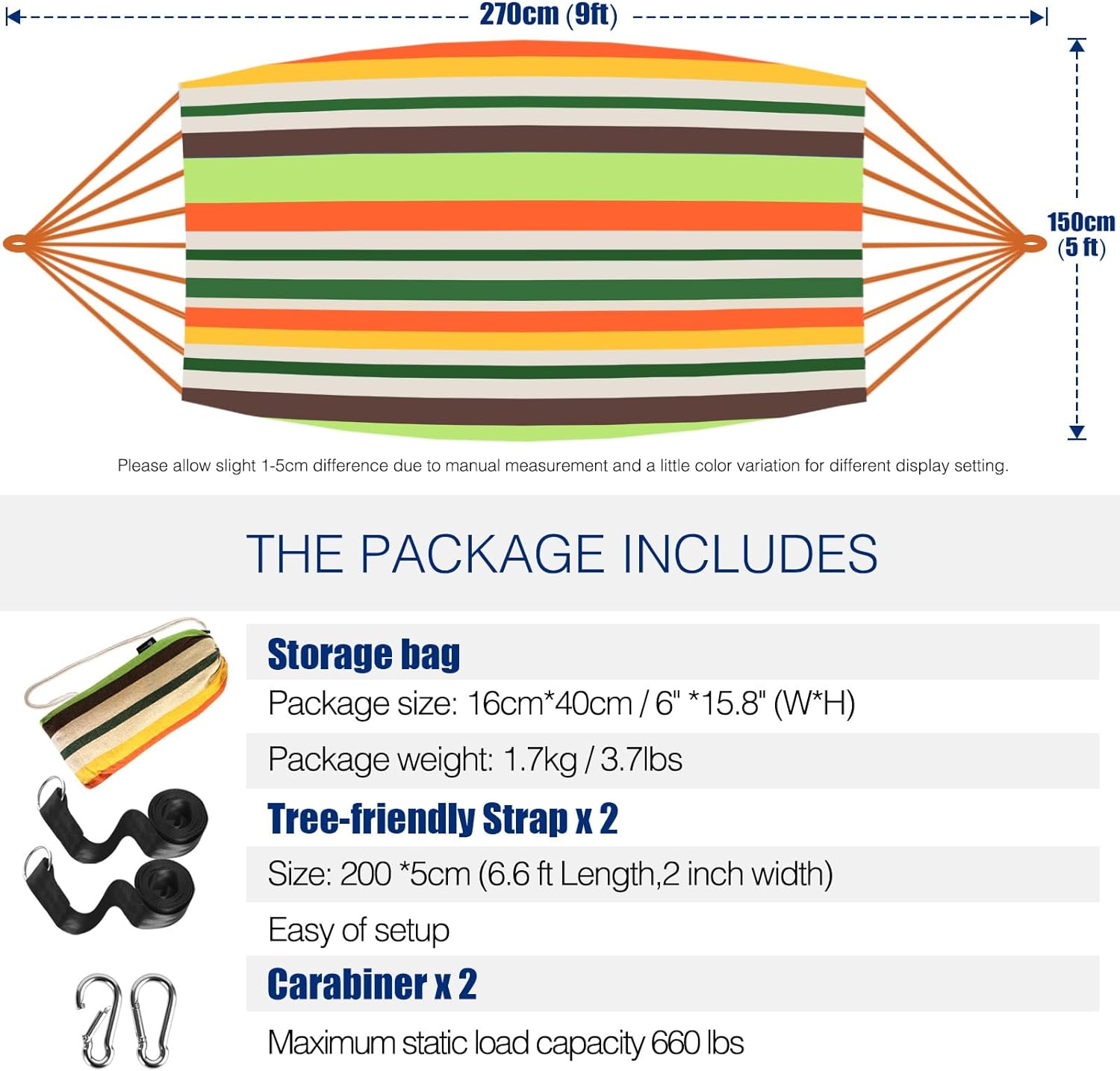 Garden Cotton Hammock Comfortable Fabric Hammock with Tree Straps for Hanging Durable Hammock Up to 660lbs Portable Hammock with Travel Bag,Perfect for Camping Outdoor/Indoor Patio Backyard