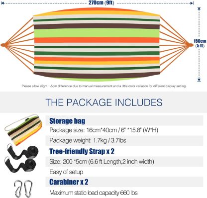 Garden Cotton Hammock Comfortable Fabric Hammock with Tree Straps for Hanging Durable Hammock Up to 660lbs Portable Hammock with Travel Bag,Perfect for Camping Outdoor/Indoor Patio Backyard