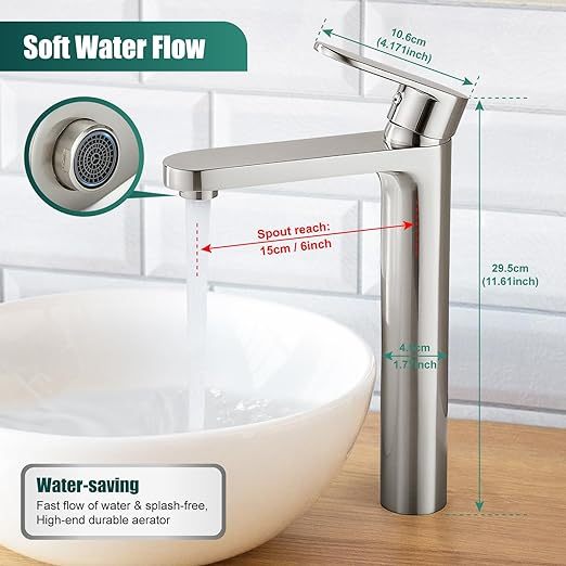 Brushed Nickel Vessel Sink Bathroom Tall Faucet One Hole Single Handle Basin Mixer Tap Lavatory Vanity Brass Pop Up Drain Included Deck Mount Modern Tall Bathroom Faucet