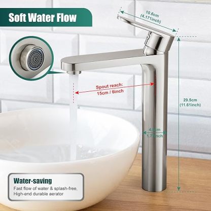 Brushed Nickel Vessel Sink Bathroom Tall Faucet One Hole Single Handle Basin Mixer Tap Lavatory Vanity Brass Pop Up Drain Included Deck Mount Modern Tall Bathroom Faucet