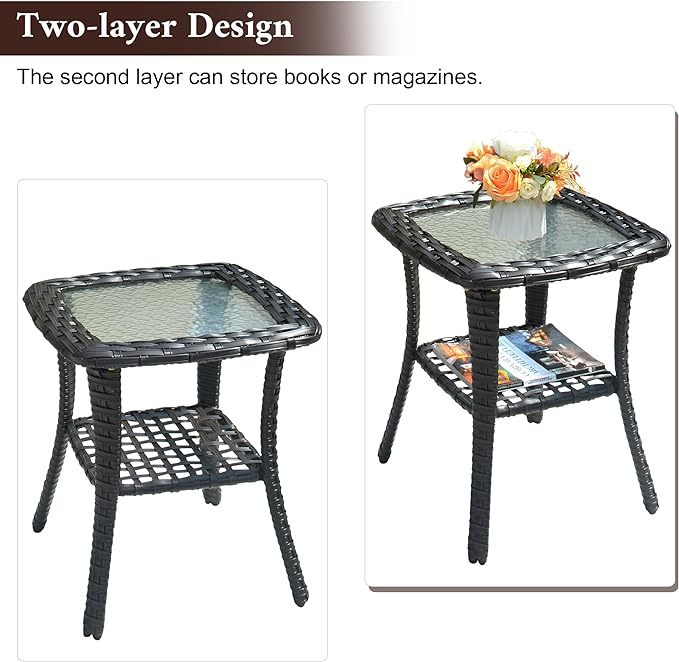 Patio Coffee Table Outdoor Rattan Wicker Side Table with Glass Top