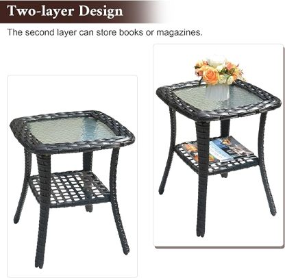 Patio Coffee Table Outdoor Rattan Wicker Side Table with Glass Top