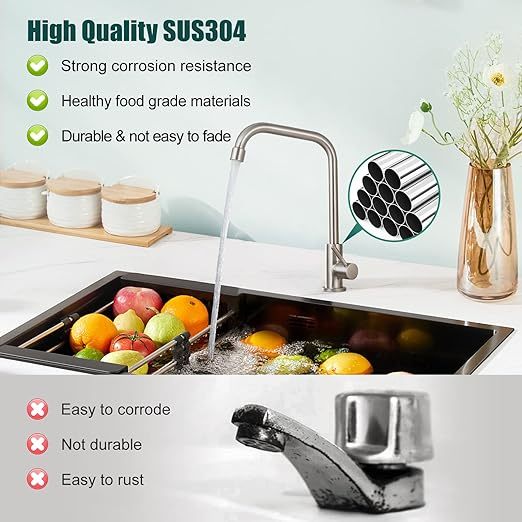 Cold Only Water Kitchen Faucet Brushed Nickel Heyalan Single Lever Handle 304 Stainless Steel Commercial Bar Tap Decked Mounted 360 Degree Swivel Spout Longer Thread Pipe