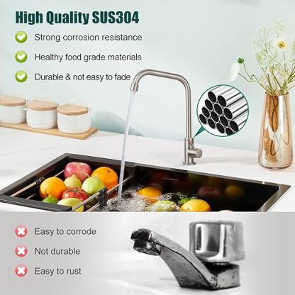 Cold Only Water Kitchen Faucet Brushed Nickel Heyalan Single Lever Handle 304 Stainless Steel Commercial Bar Tap Decked Mounted 360 Degree Swivel Spout Longer Thread Pipe
