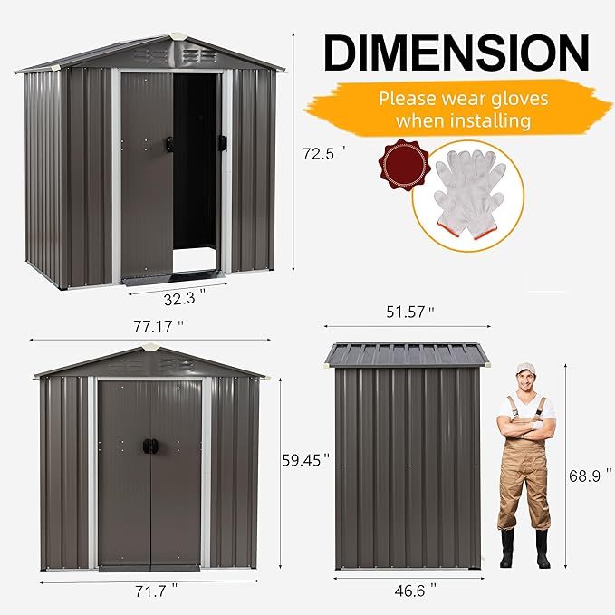 6X4 FT Outdoor Storage Shed, Waterproof Metal Garden Sheds with Lockable Double Door