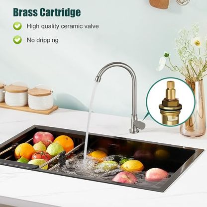 Brushed Nickel Kitchen Faucet Cold Water Only SUS304 Stainless Steel Deck Mounted Single Handle Single Hole High Arc 360 Degree Swivel Spout Bathroom Sink Tap Easy Install with Cold Water Supply Line