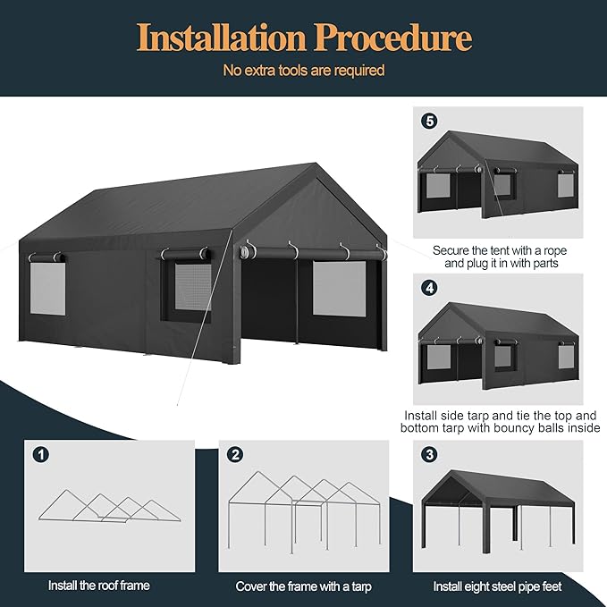 12x18.5ft Heavy Duty Carport, Portable Garage with Removable Sidewalls, Doors and Ventilated Windows