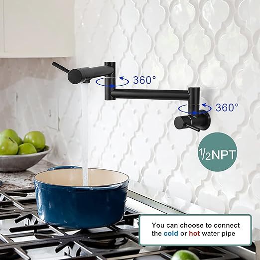 Matte Black Pot Filler 19 Inch Wall Mount Folding Stretchable Kitchen Restaurant Faucet Stainless Steel Pot Filler with Double Joint Swing Arm Single Hole Two Handles Commercial NPT
