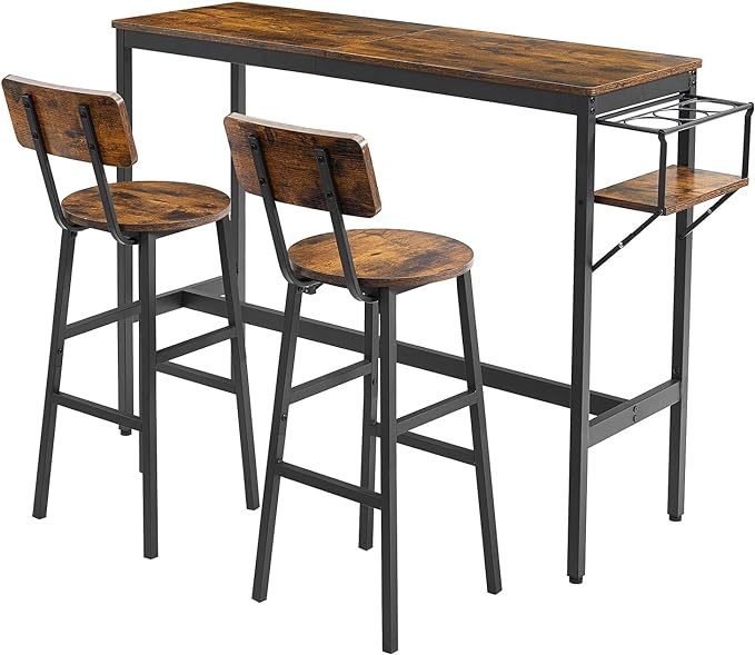 3-Piece Bar Table and Chairs Set, High Top Pub Table with Folding Wine Rack & 2 Wooden Stools