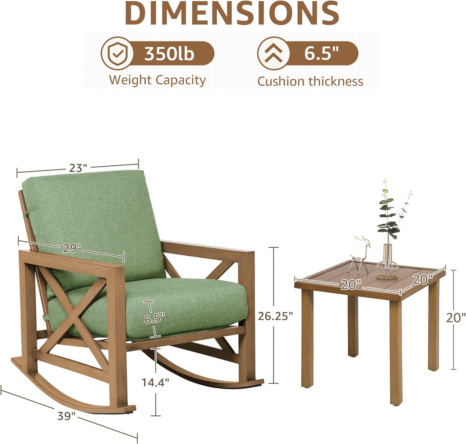Rocking Bistro Set, 3 Piece Outdoor Patio Conversation Furniture Set with 2 Rockers and 1 Metal Coffee Table with Thick Cushions