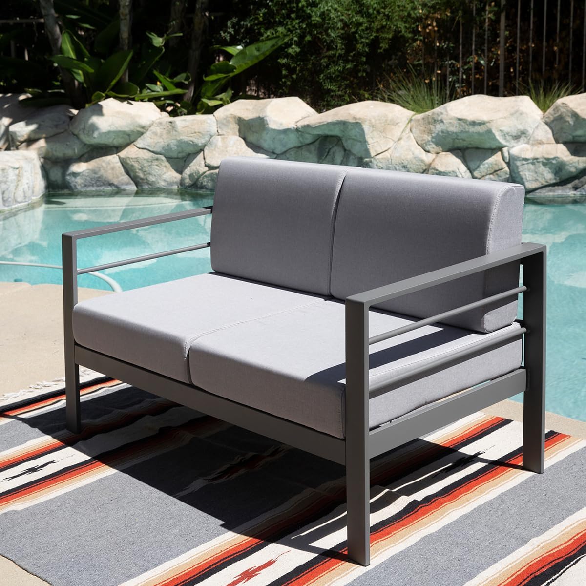 2-Seater Outdoor Loveseat Aluminum Patio Furniture Sofa, All-Weather Outdoor Couch with Cushion, Grey