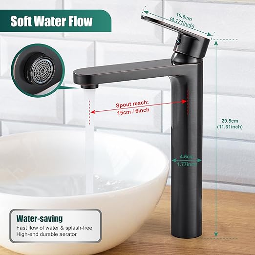 Oil Rubbed Bronze Vessel Sink Bathroom Tall Faucet One Hole Single Handle Basin Mixer Tap Lavatory Vanity Brass Pop Up Drain Included Deck Mount Modern Tall Bathroom Faucet