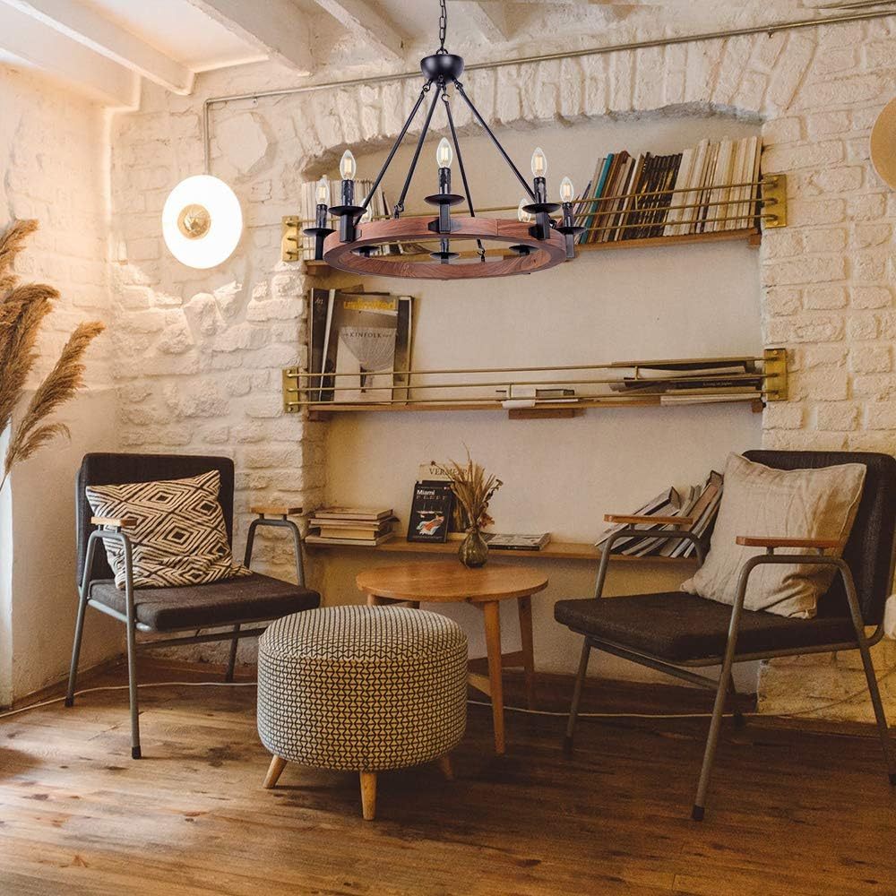 8 Lights Farmhouse Iron Chandeliers for Dining Rooms 28 inch, Wagon Wheel Chandelier Candle Style, Rustic Hanging Ceiling Light Fixture