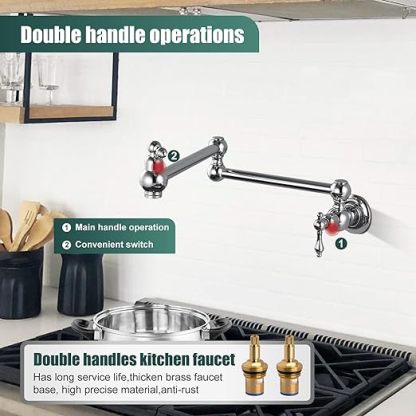 Kitchen Pot Filler Faucet Wall Mount Two Handles Single Hole Heyalan Strechable Arm Polished Chrome SUS304 Stainless Steel Double Connectors Folding Modern 360 Degrees Rotation
