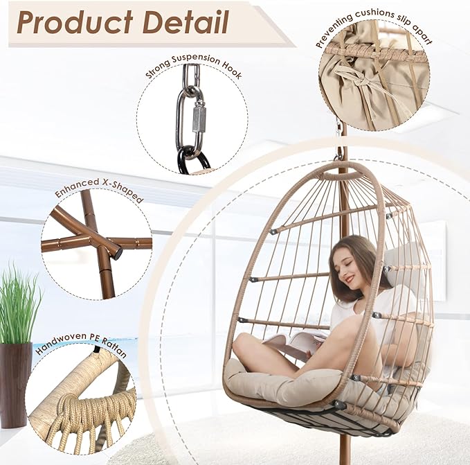 Hanging Egg Chair with Stand Outdoor Swinging Egg Chair with Water Resistant Cushion