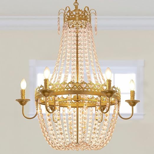 French Empire Crystal Chandelier Modern Adjustable Hanging Pendant Ceiling Mount Light Fixture for Hallway Dining Living Room Bedroom Foyer, H 38.2" x W 31.5", Gold, 6-Light, E12 Base