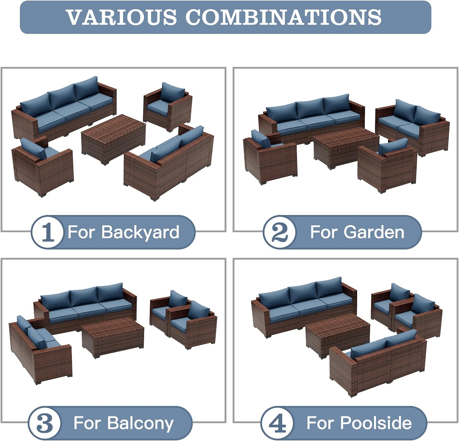 Wide Armrest Outdoor Patio Furniture Set, 5 Piece Patio Sectional Sofa with Storage Table for Backyard, Porch, Balcony, Poolside(Navy Blue)