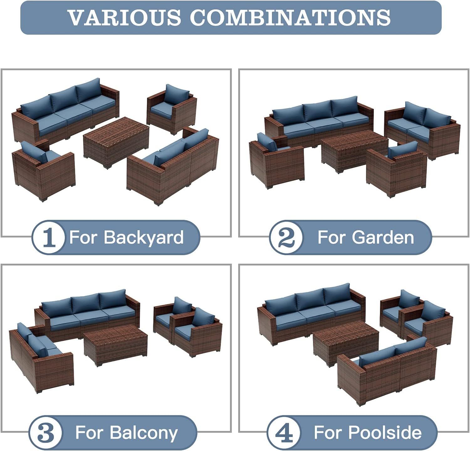 Wide Armrest Outdoor Patio Furniture Set, 5 Piece Patio Sectional Sofa with Storage Table for Backyard, Porch, Balcony, Poolside(Navy Blue)