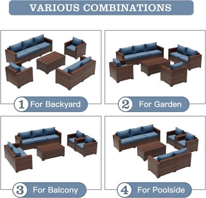 Wide Armrest Outdoor Patio Furniture Set, 5 Piece Patio Sectional Sofa with Storage Table for Backyard, Porch, Balcony, Poolside(Navy Blue)