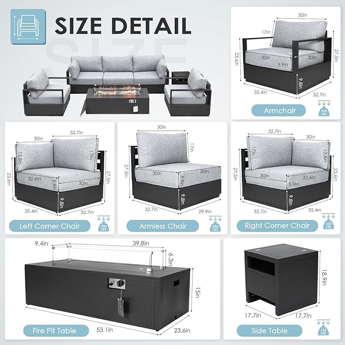 Thick Aluminum Patio Furniture with Thick Cushion Conversation Set with 53" Propane Fire Pit Table