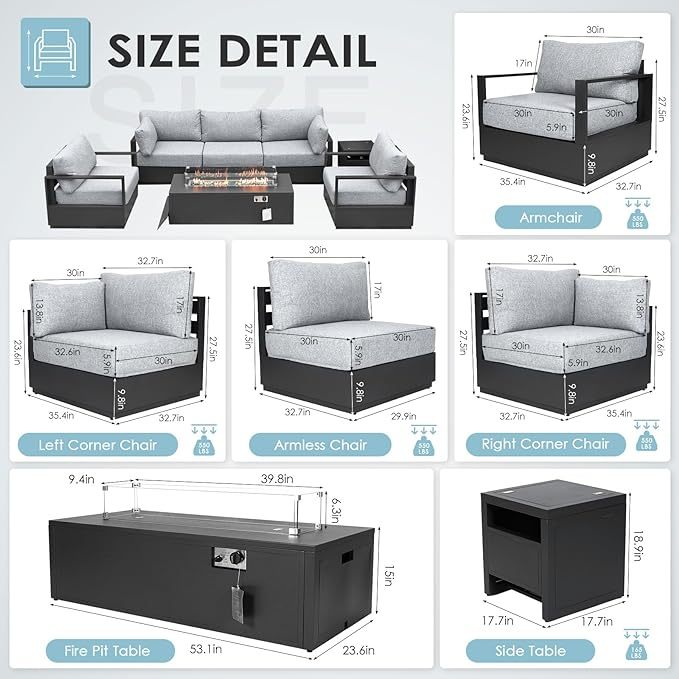 Thick Aluminum Patio Furniture with Thick Cushion Conversation Set with 53" Propane Fire Pit Table