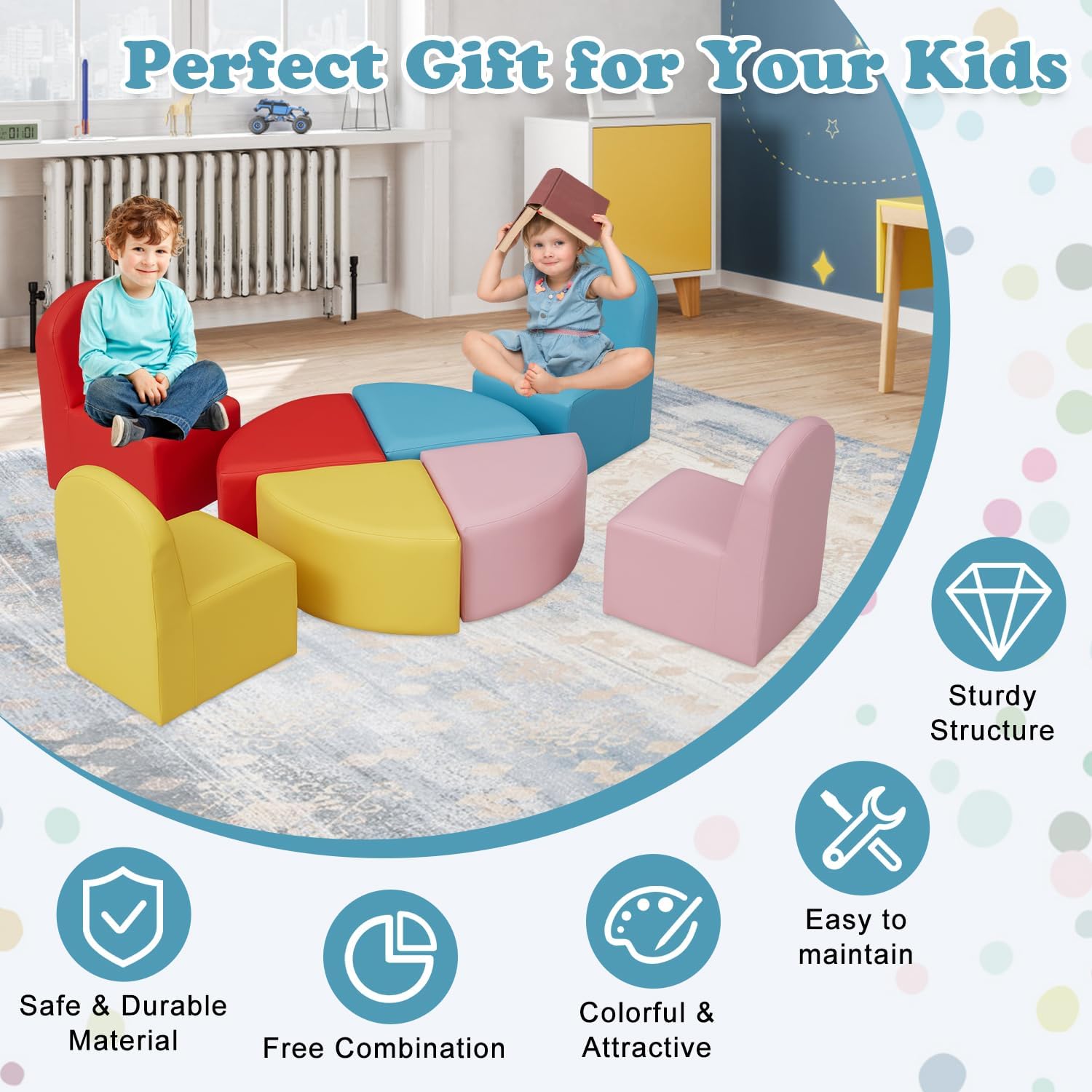 Kids Sofa Seating Set Convert to Table and 4 Chairs Colorful Stools