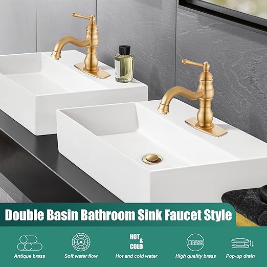 Antique Brass Bathroom Sink Overflow Faucet Single Hole One Handle with Pop Up Drain Assembly Deck Mount Single Handle Bathroom Sink Faucet Vanity Mixer Tap Lavatory Included