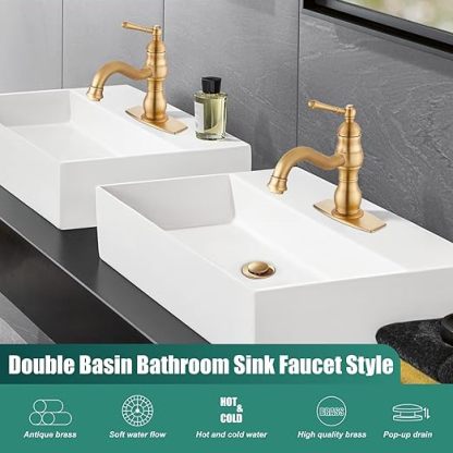 Antique Brass Bathroom Sink Overflow Faucet Single Hole One Handle with Pop Up Drain Assembly Deck Mount Single Handle Bathroom Sink Faucet Vanity Mixer Tap Lavatory Included