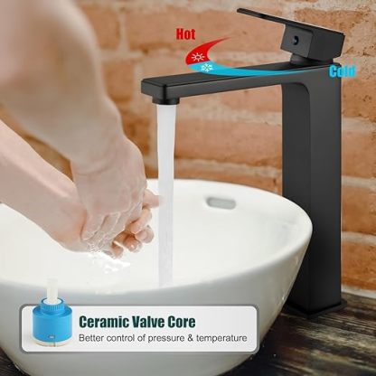 Vessel Sink Faucet Bathroom Sink Faucet Tall Body Vessel Bowl Tap Single-Hole Deck Mount Lavatory Vanity Mixer Bar Tap Tall Spout Brass Tall Bathroom Faucet,Matte Black,with Drain