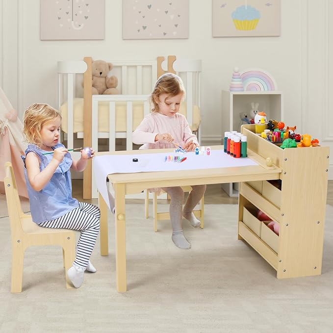 Toddler Craft Drawing Desk with Large Storage Shelves, 4 Storage Bins and Paper Roll