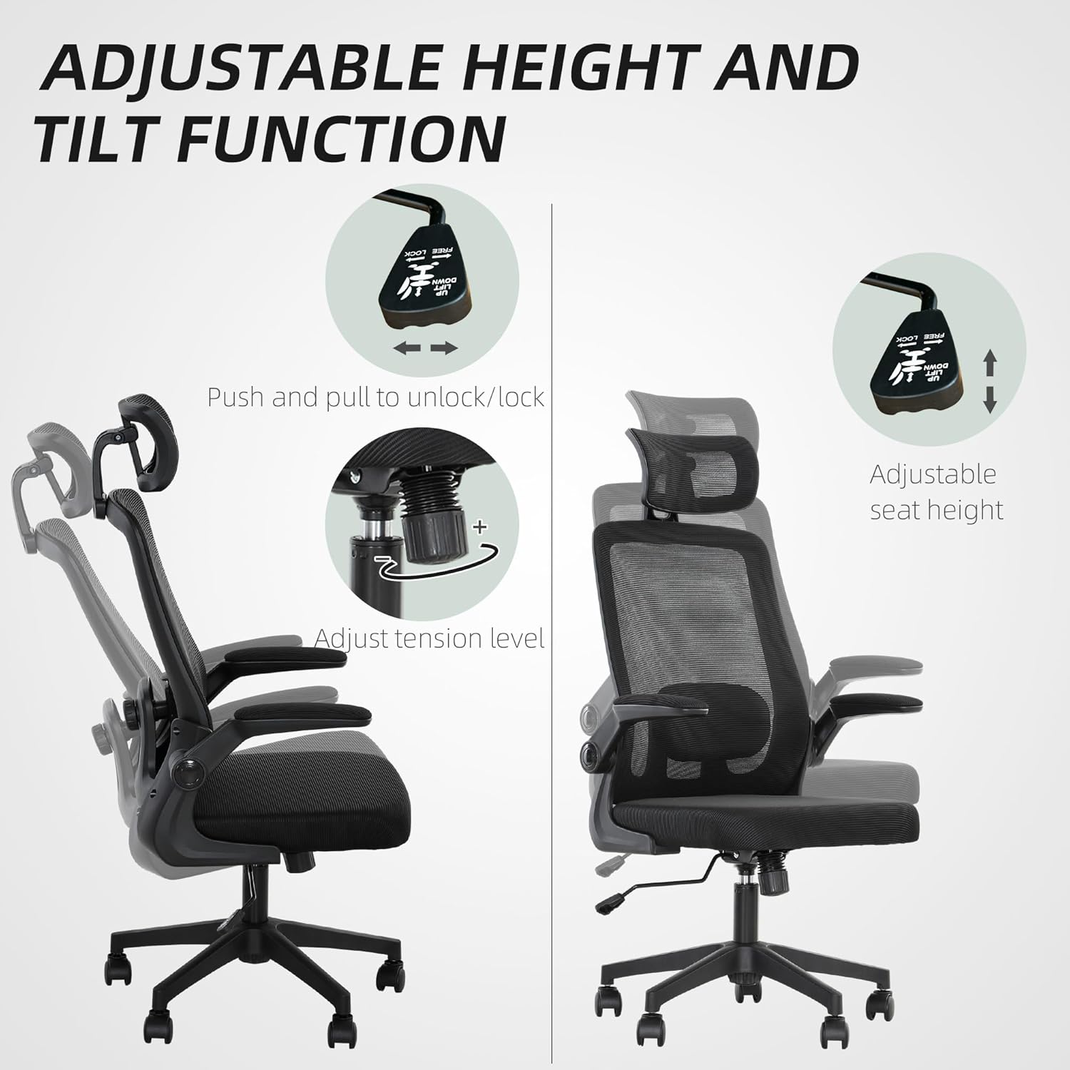 Ergonomic Office Chair, High Back Desk Chair with Flip-up Armrest, Rotatable Headrest, Tilt Function, Adjustable Lumbar Support